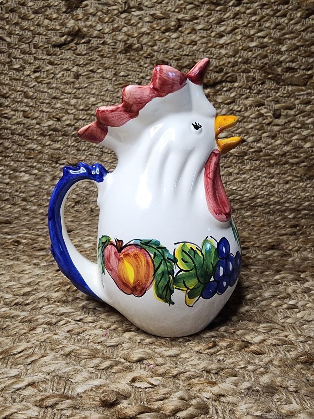 Vintage Giovanni Vietri Italy Ceramic Chicken Pitcher Fruit Hand Painted 8.5”